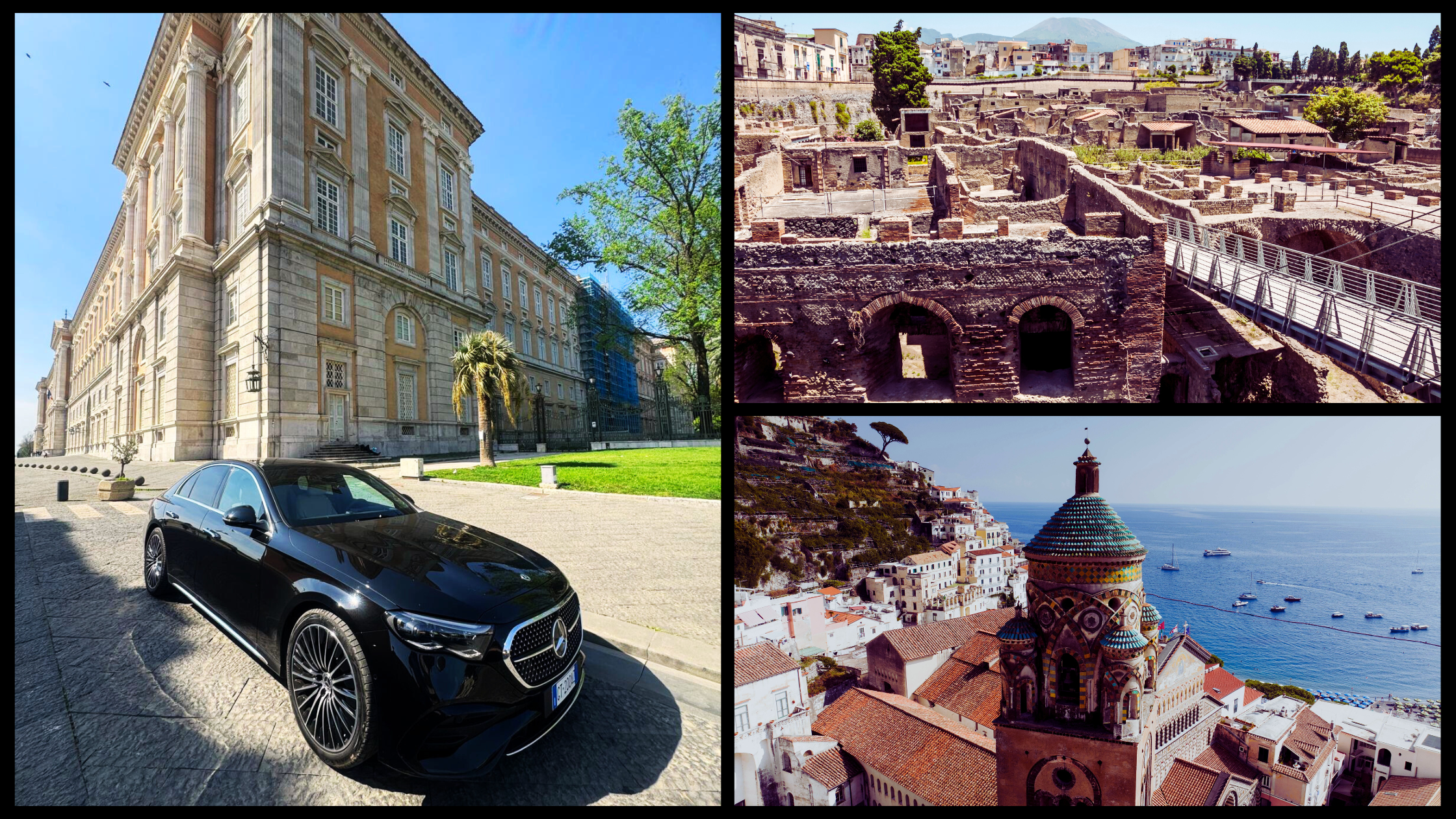 Luxury transfer to the Amalfi Coast with stops at historical landmarks like the Royal Palace of Caserta, the ruins of Ercolano, and the scenic Amalfi Coast.